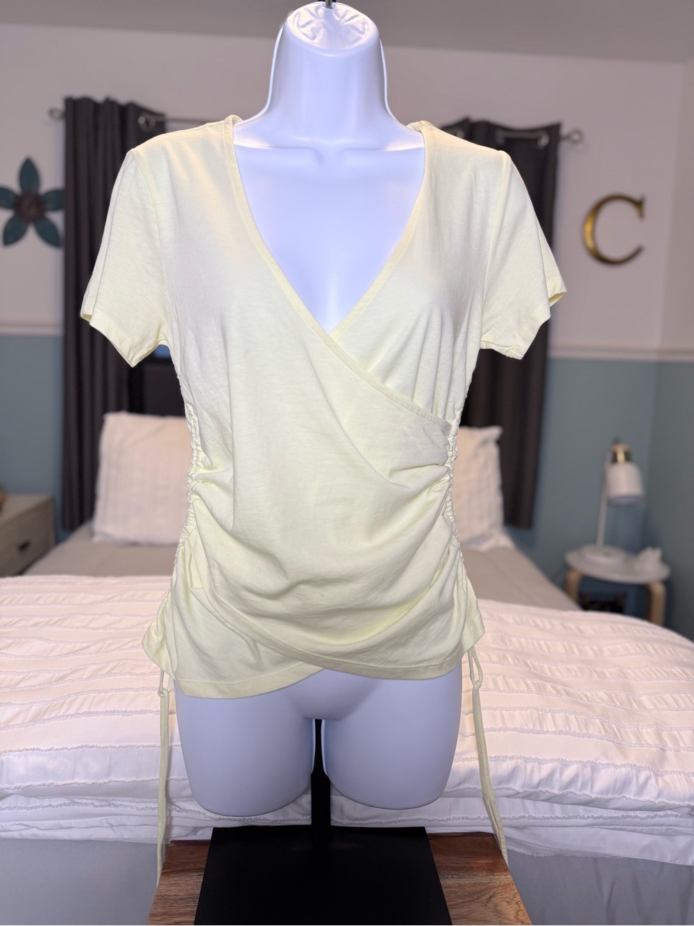 INC International Concepts Pale Yellow Surplice Short Sleeve Top